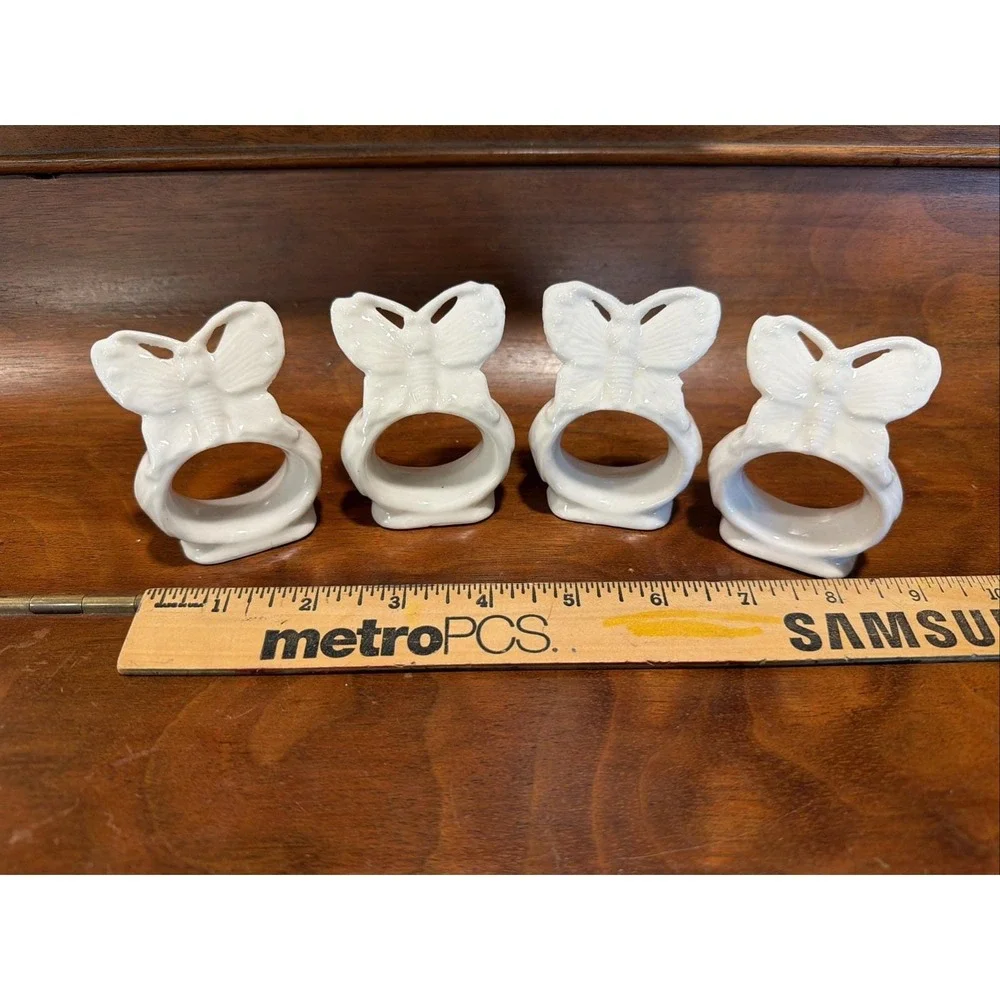 4 Vintage White Ceramic Butterfly Napkin Holders